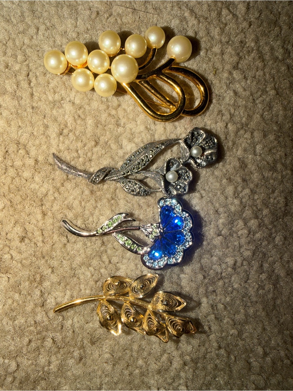 Pearl Cluster & Blue Crystal Floral Brooch Set - Gold & Silver Tones